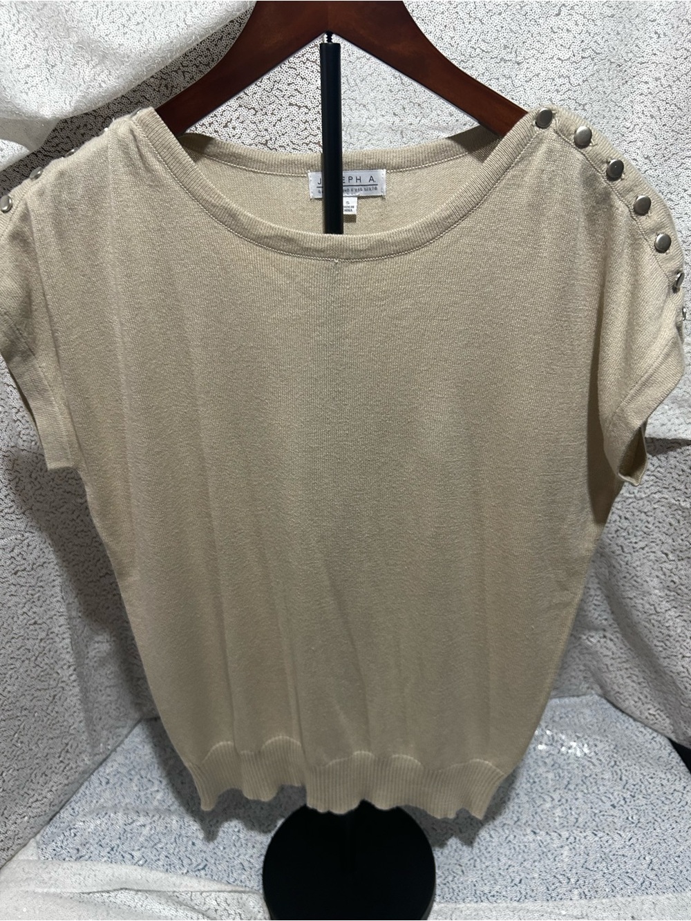 Joseph Neutral Beige Short Sleeve Knit Top with Shoulder Buttons